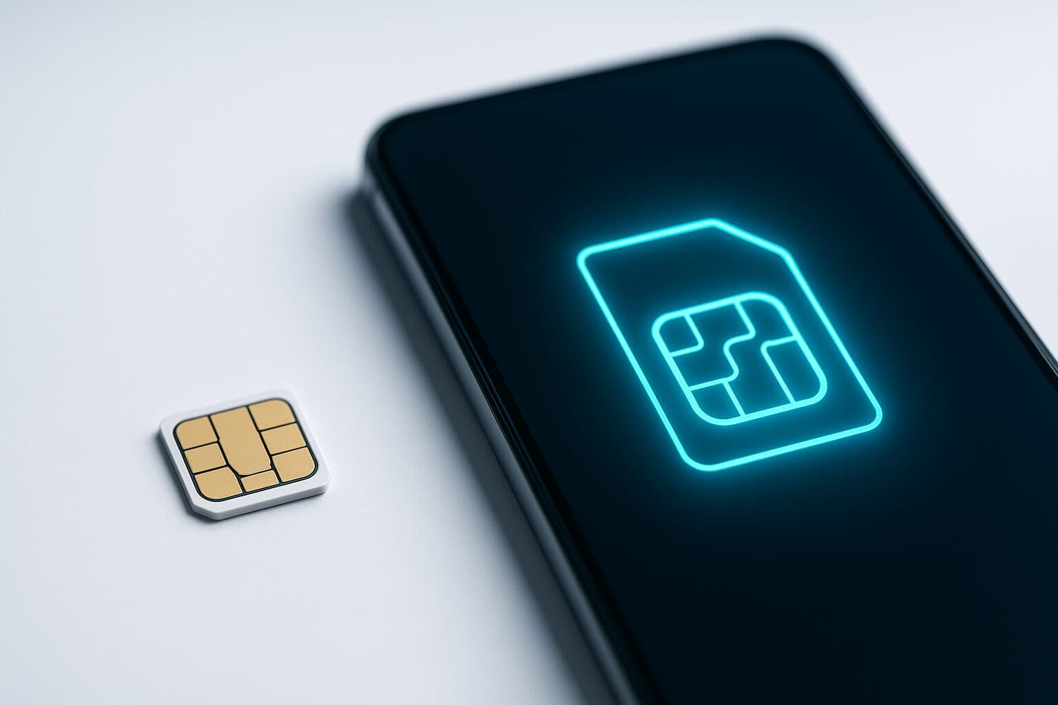 A physical nano-SIM card next to a smartphone displaying a digital eSIM profile